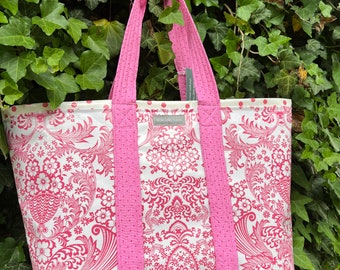 Large girly girl all pink oilcloth tote bag