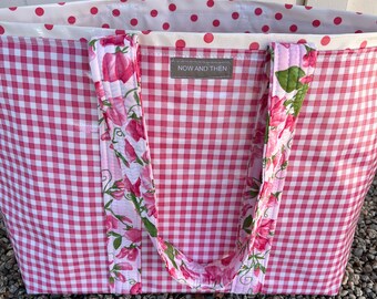 Pretty in pink—-large gingham and polka dot reversible oilcloth tote bag