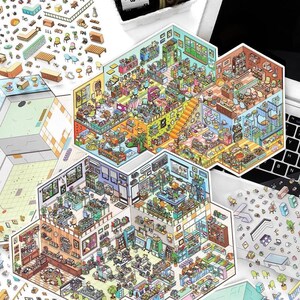 May include: A collection of colorful, detailed stickers featuring isometric illustrations of various rooms and miniature furniture. The stickers showcase scenes of offices, shops, and living spaces, with a whimsical, cartoonish style. Scattered around are individual furniture stickers.
