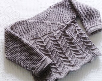 Size 18 mos ~ Handknit Dressy Taupe Long-sleeved Wrap-around Cardigan in Chevron Stitch ~ Super soft Washable Merino/Cashmere wool