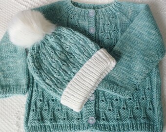 Size 12 to 18 mos ~ Hand Knit Raindrop Lace Cardigan ~ Beautiful Glacier Turquoise Hand Dyed Super-soft Merino Wool Blend ~ Washable
