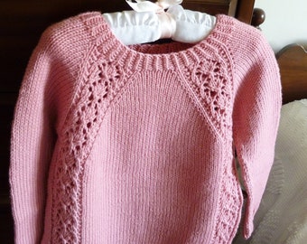 Size 3 - 4 yrs Stylish Little Girl's Pretty Pink Lace Trimmed Pullover Sweater in washable Soft Extra fine Merino wool ~ Hand knit in Canada