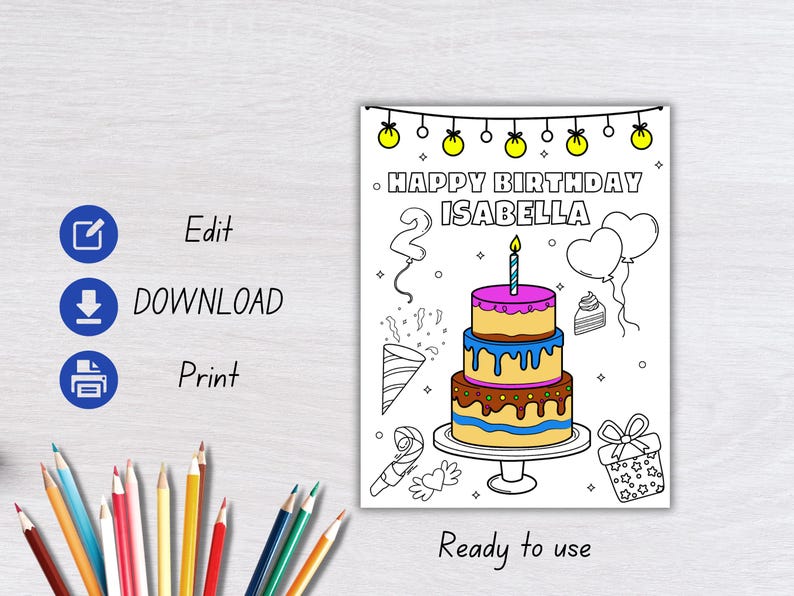 Editable Birthday Cake Coloring Placemat, Kids Party Activity (digital ...