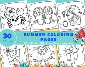 May include: A collection of summer-themed coloring pages. The pages feature line art illustrations of a crab with a hibiscus flower, flip-flops, a bucket and shovel, a drink, shorts, and a popsicle. The text reads "Summer Coloring Pages". Each page is 8.5 x 8.5 inches.