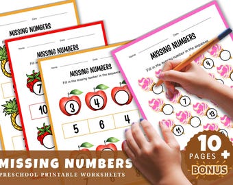 Folhas de exercícios de matemática para pré-escola e jardim de infância sobre números faltantes. Imprimíveis, divertidas e educativas.