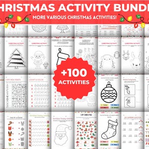 May include: A Christmas activity bundle featuring a variety of Christmas-themed activities. The image displays numerous pages with colouring pages, mazes, and counting exercises. The text at the top reads "CHRISTMAS ACTIVITY BUNDEL" and "MORE VARIOUS CHRISTMAS ACTIVITIES!"