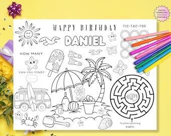 Hoja de actividades para colorear de cumpleaños de verano personalizada para niños, imprimible, descarga digital, nombre personalizado, diversión para fiestas de verano, hecha a pedido