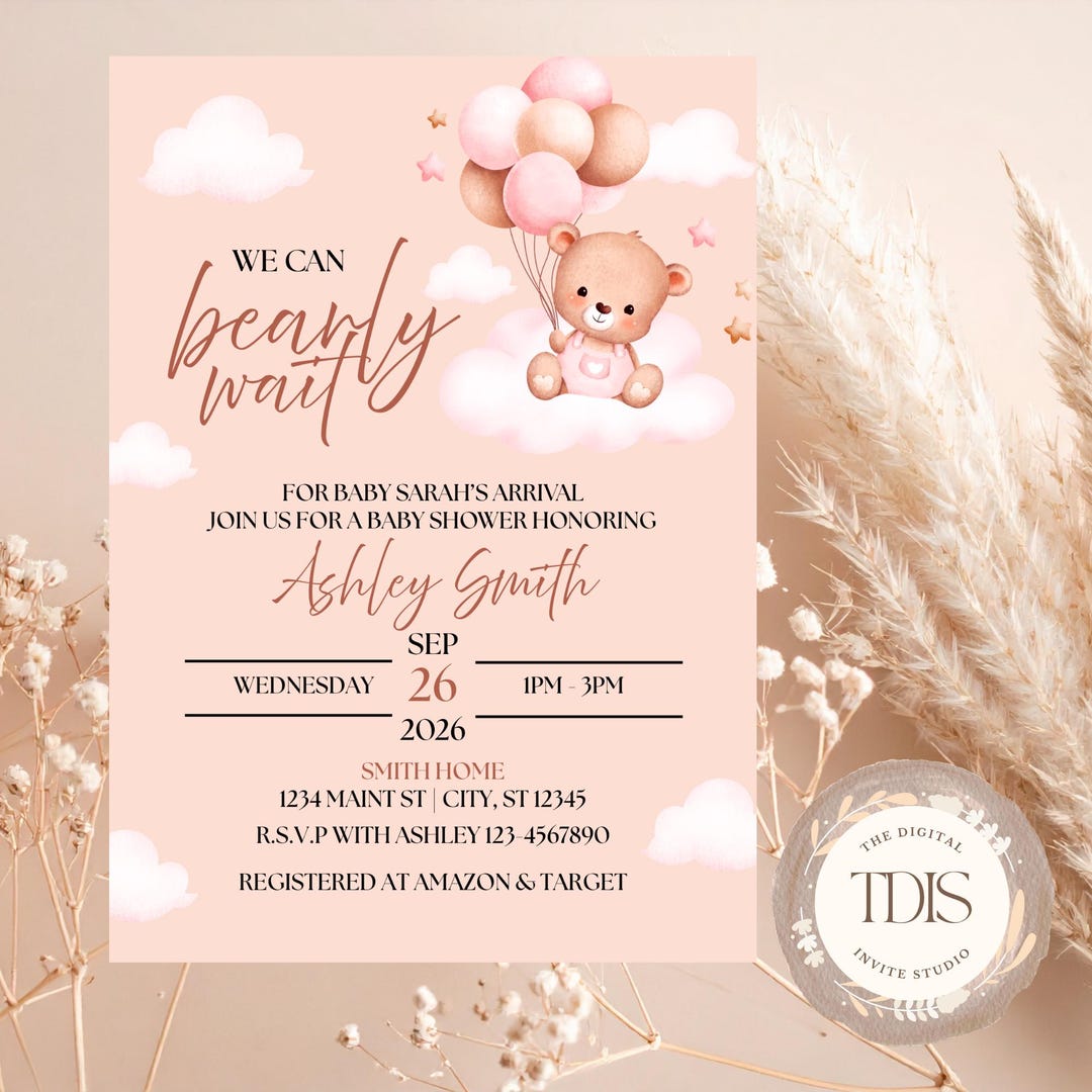 Editable Teddy Bear Baby Shower Invitation | Pink Clouds, Balloons ...
