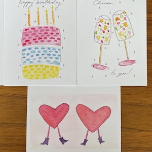 Cartes de correspondance à l'aquarelle, ensemble sur le thème de l'occasion (acclamations, joyeux anniversaire, coeurs), pliées et imprimées, 4 x 6 po. avec enveloppe