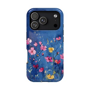 Dunkelblaue Blumen Handyhülle, stoßfest, für iPhone oder Samsung, Geschenk für sie, hübsche Handyhülle, Blumen iPhone 17 16 15 Pro Max