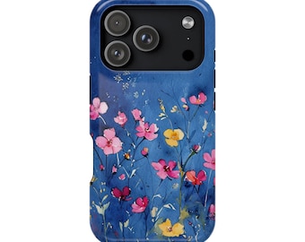 Funda floral azul oscuro para iPhone o Samsung, resistente a impactos, regalo para ella, bonita funda floral para iPhone 17, 16 y 15 Pro Max.