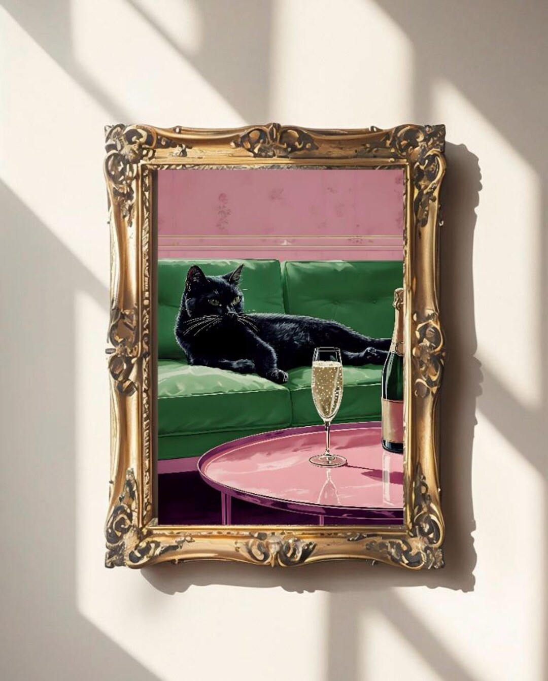 Black Cat With Champagne Art Print | Bar Cart Decor | Cute Art | Cat ...
