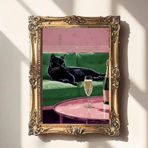 シャンパンを持つ黒猫のアートプリント | バーカートの装飾 | かわいいアート | 猫の絵 | カクテルアートポスター | ファインアートギフト | 面白い、風変わりな、気まぐれな