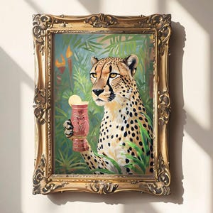 トロピカル チーター ティキ カクテル プリント | サマー アート プリント | ドーパミン デコレーション | 大きな猫の絵画 | バー カート ウォール アート | トロピカル ティキ バー デコレーション