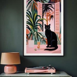 黒猫のトロピカルカクテルプリント | 夏のアートプリント | ドーパミンデコレーション | 猫の絵画 | マティススタイルのポスター | トロピカルボヘミアンバーカートデコレーション