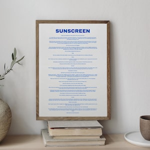 Blue Sunscreen Quote, paroles de Baz Luhrmann, paroles de chanson Impression A4/A3 ou téléchargement numérique