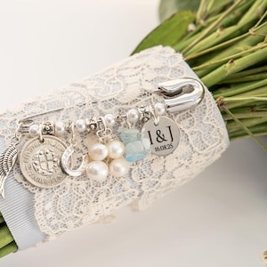 Personalised Bridal Bouquet Charm – Something Old, New, Borrowed & Blue Sixpence Keepsake, Engraved Initials | “The” Original Wedding Pin