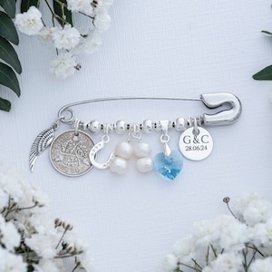 Something Old New Borrowed Blue Bridal Pin: Sterling Silver Charms, Vintage Sixpence, personalised monogram