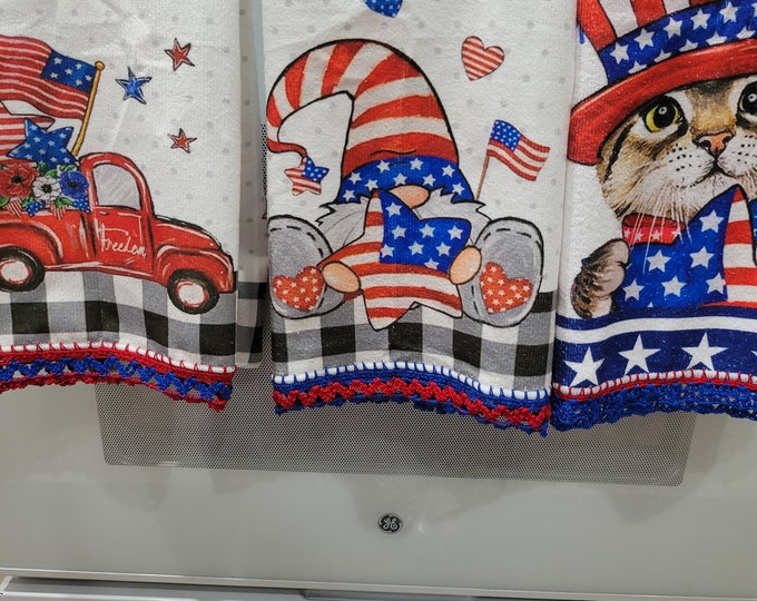 Set of 3 Hand Crochet Decorative Red, White, and Blue Kitchen/Bathroom Towels for Summer Display (gnome, truck,cat)