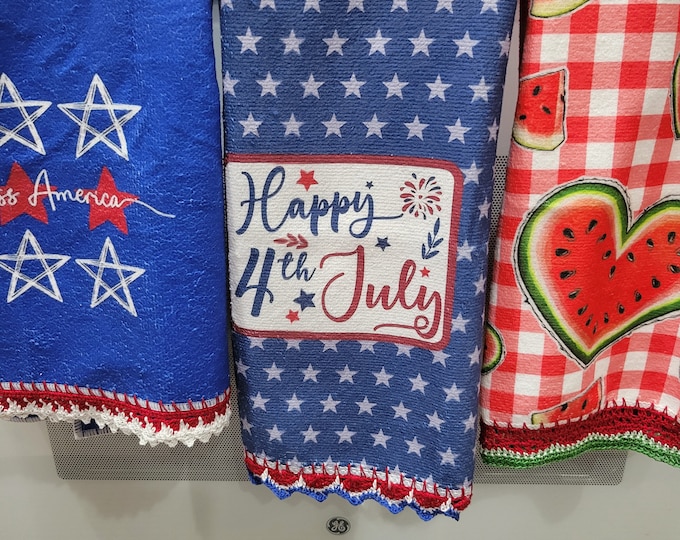 Set of 3 Hand Crochet Decorative Red, White, and Blue Kitchen Towels for Summer Display