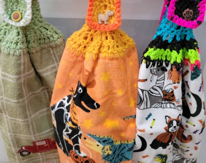 Set of 3 Fall Truck, Puppies, and Tricks and Treats Crochet Hand Towels
