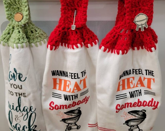 Set of Love You To Fridge and Barbecue BBQ Grill Heat Crochet Hand Towels