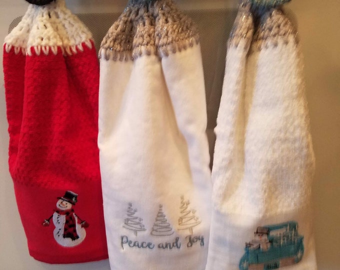 Set of 3 Snowman Blue Truck Crochet Hand Towels