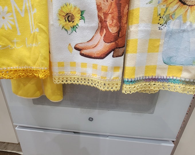 Set of 3 Hand Crochet Decorative Yellow Sunflowers and Cowboy Boots Kitchen/Bathroom Towels