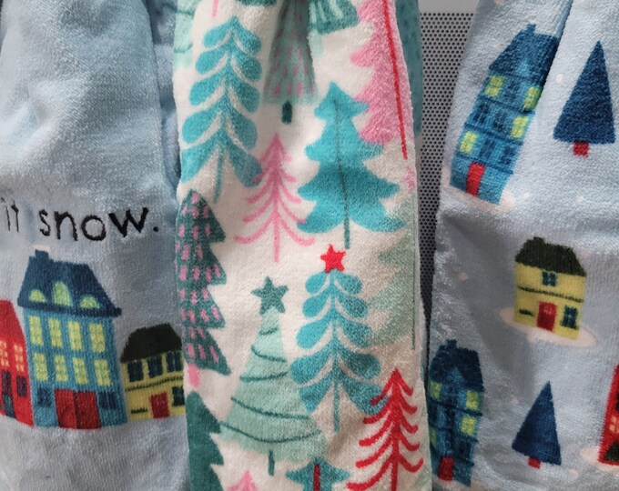 Set of 3 Blue Christmas Crochet Hanging Hand Towels with Trees and Houses