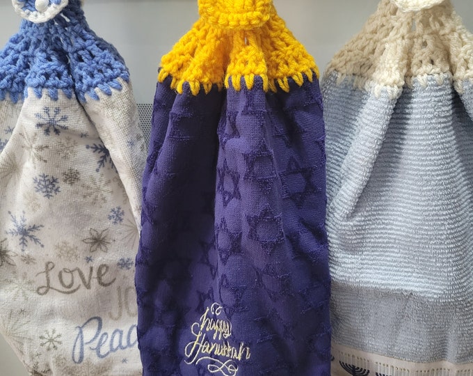 Set of 3 Hebrew Holiday (Honukkah) Winter Blue Crochet Hand Towels