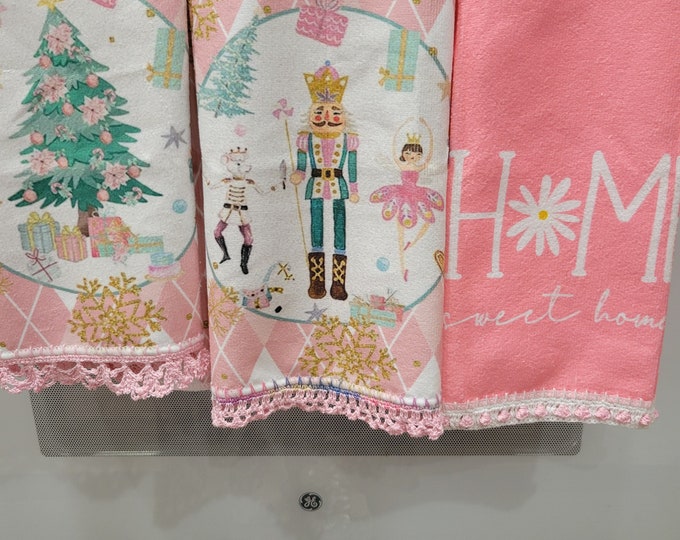 Set of 3 Hand Crochet Pink Christmas Kitchen/Bathroom Towels
