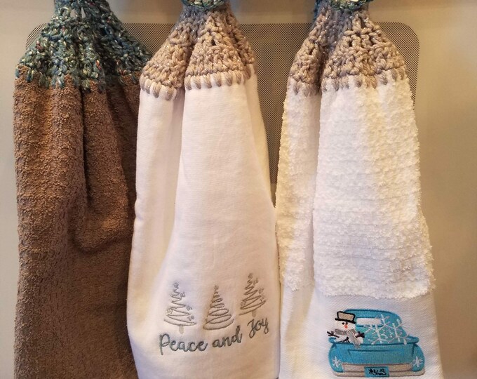 Set of 3 Christmas  Winter Blue Truck Crochet Hand Towels