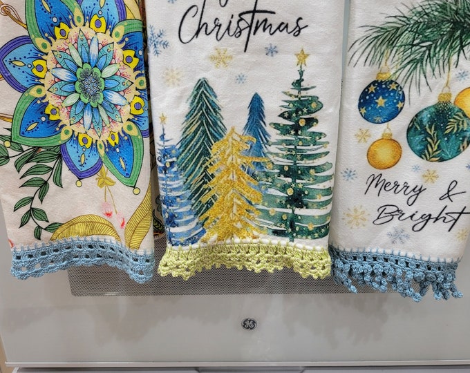 Set of 3 Hand Crochet Blue/Green Christmas Kitchen/Bathroom Towels