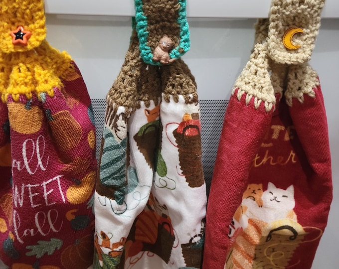Set of Fall Colored, Playful Cat, and Pumpkin Crochet Hand Towels