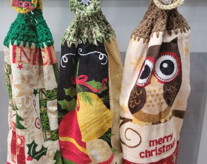 Set of 3 Christmas Crochet Hand Towels with an Owl, Holly/Angels, and Bells