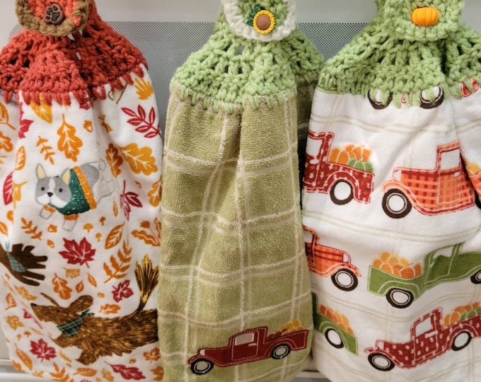 Set of 3 Fall Truck and Dog Crochet Hand Towels