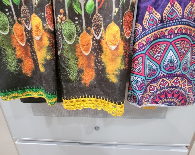 Set of 3 Hand Crocheted Spoons and Spices and Kaleidoscope Kitchen/Bathroom Towels