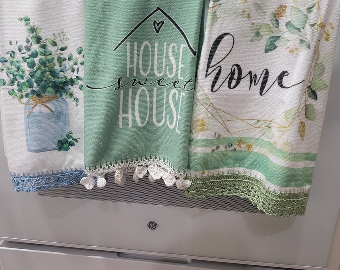 Set of 3 Hand Crochet Decorative Sage with Flowers Kitchen Towels <second listing>