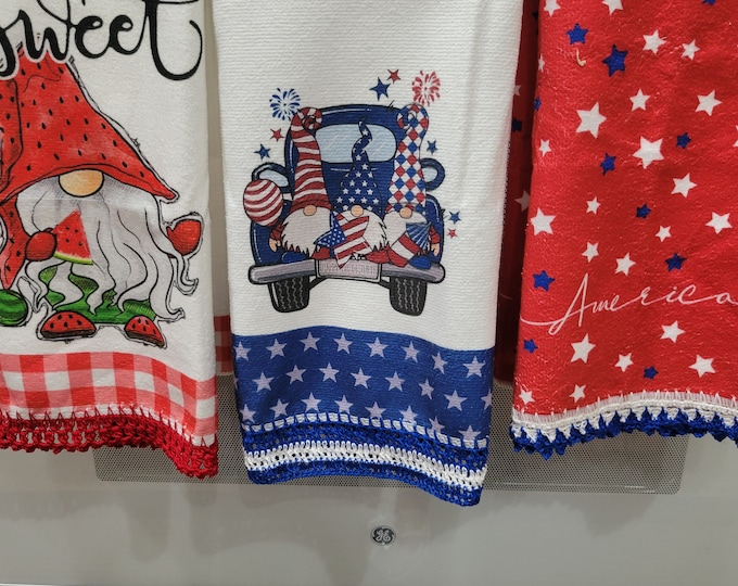 Set of 3 Hand Crochet Decorative Red, White, and Blue Kitchen Towels for Patriotic Holidays (gnome and truck)
