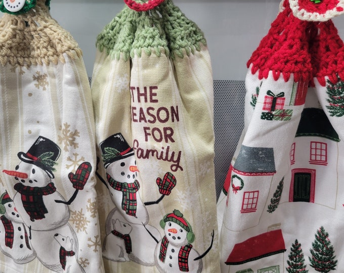 Set of 3 Christmas Crochet Hand Towels with Snowmen And a House