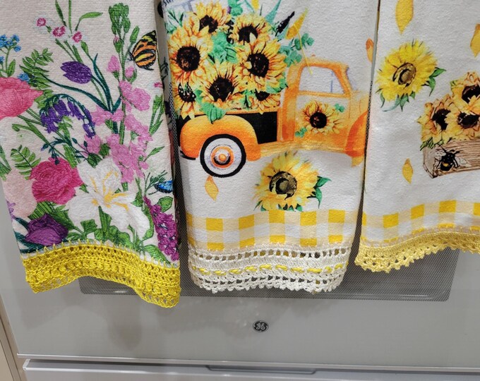 Set of 3 Hand Crochet Decorative Yellow Sunflower/Multiple Flower Kitchen Towels