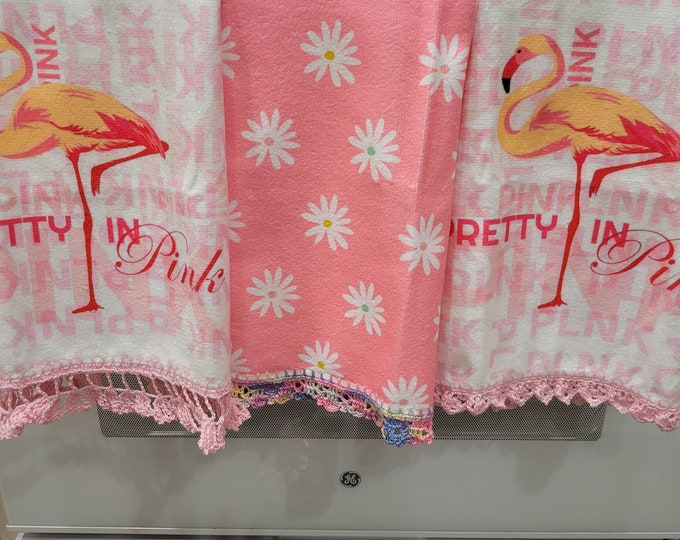 Set of 3 Hand Crochet Pretty in Pink Flamingo and Daisy Kitchen/Bathroom Towels