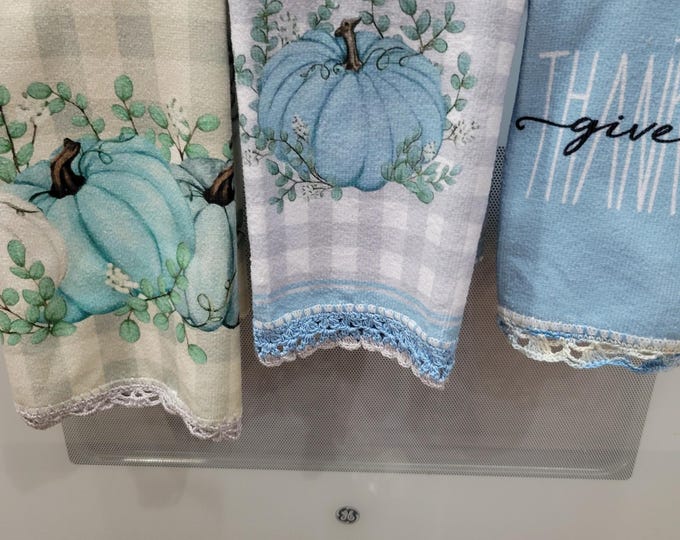 Set of 3 Hand Crochet Decorative Sage/Blue Pumpkins, ivy, and Give Thanks Kitchen/Bathroom Towels