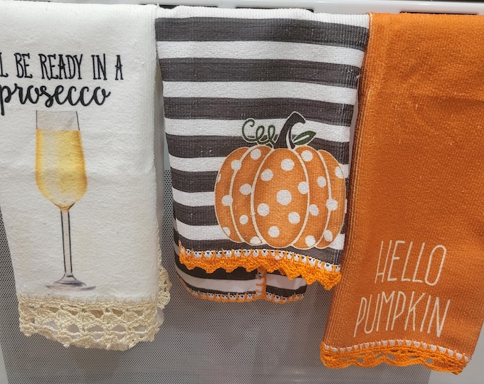Set of 3 Hand Crocheted pumpkin,  cream, and striped Kitchen/Bathroom Towels