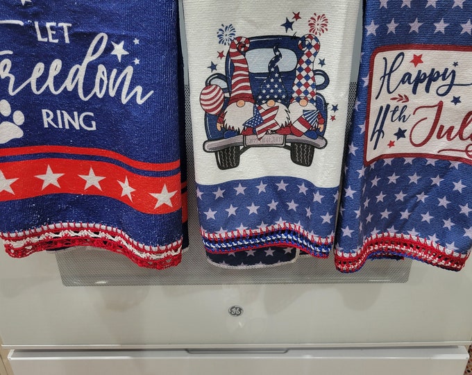 Set of 3 Hand Crochet Decorative Red, White, and Blue Kitchen/Bathroom Towels for Summer Display (gnomes)