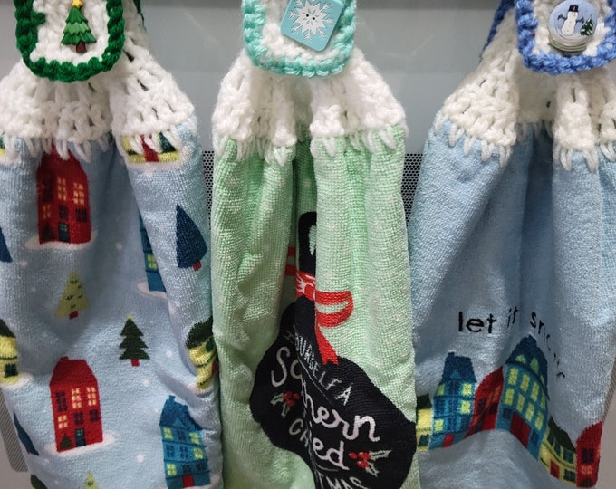 Set of 3 Christmas Crochet Hand Towels with House's, Trees, Let it Snow and Southern Fried Christmas Towels