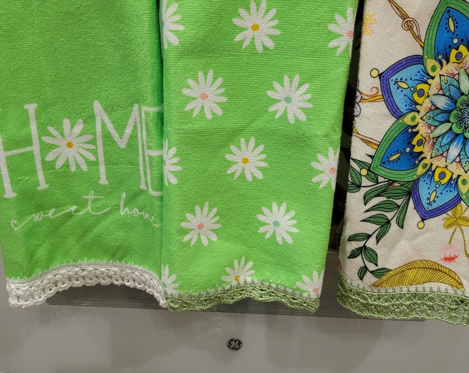 Set of 3 Hand Crochet Decorative Sage with Flowers, Daisies, and Boho flowers Kitchen/Bathroom Towels