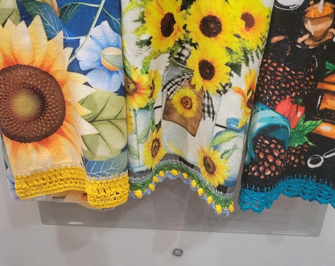 Set of 3 Hand Crochet Decorative Yellow Sunflower  and Coffee Kitchen Towels