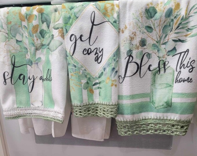 Set of 3 Hand Crochet Decorative Sage with Flowers Kitchen Towels