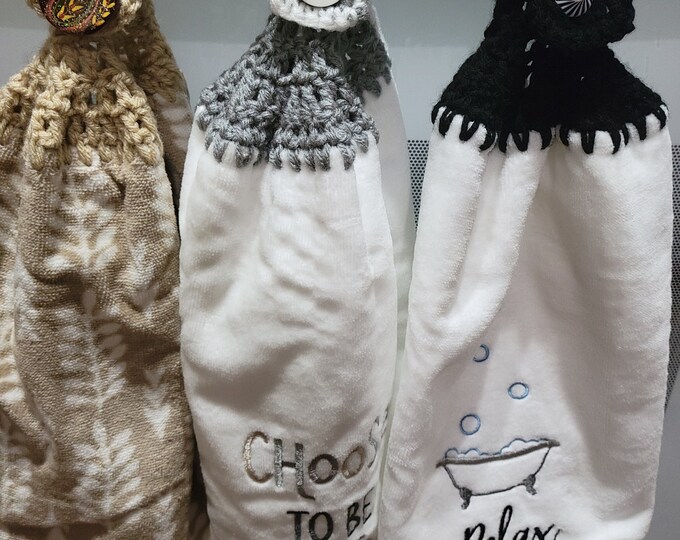 Set of Non Occasion Beige, Gray, and White Crochet Hand Towels Kitchen or Bathroom